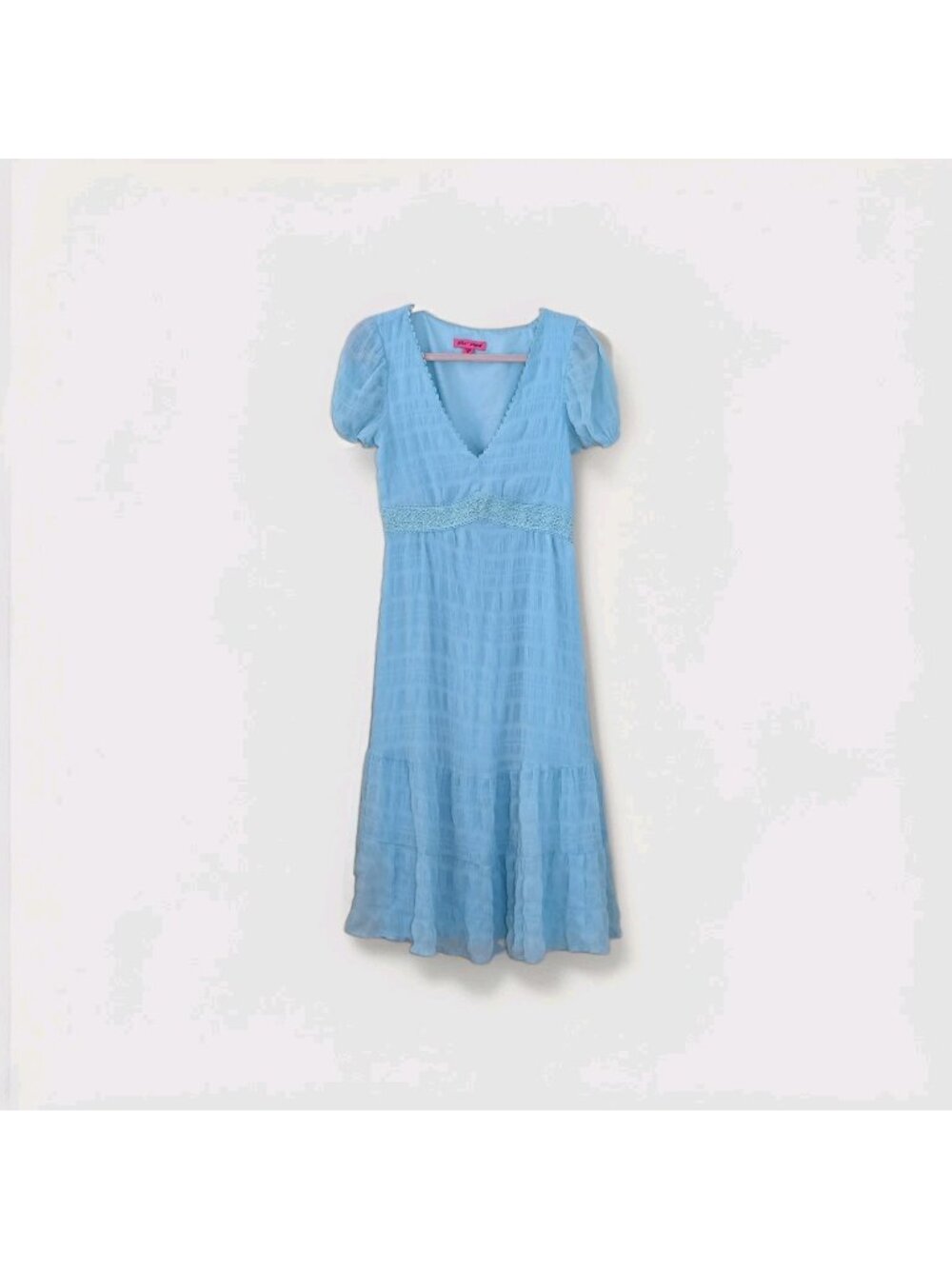 ​Betsey Johnson Crinkle Dress M Aqua Blue Lace Empire Waist Lined Coquette Boho
